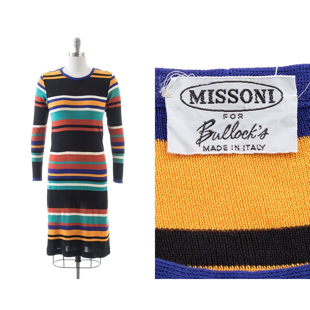 Vintage 1960s 1970s MISSONI Dress 60s 70s Striped Knit Wool Jersey Fall Shift